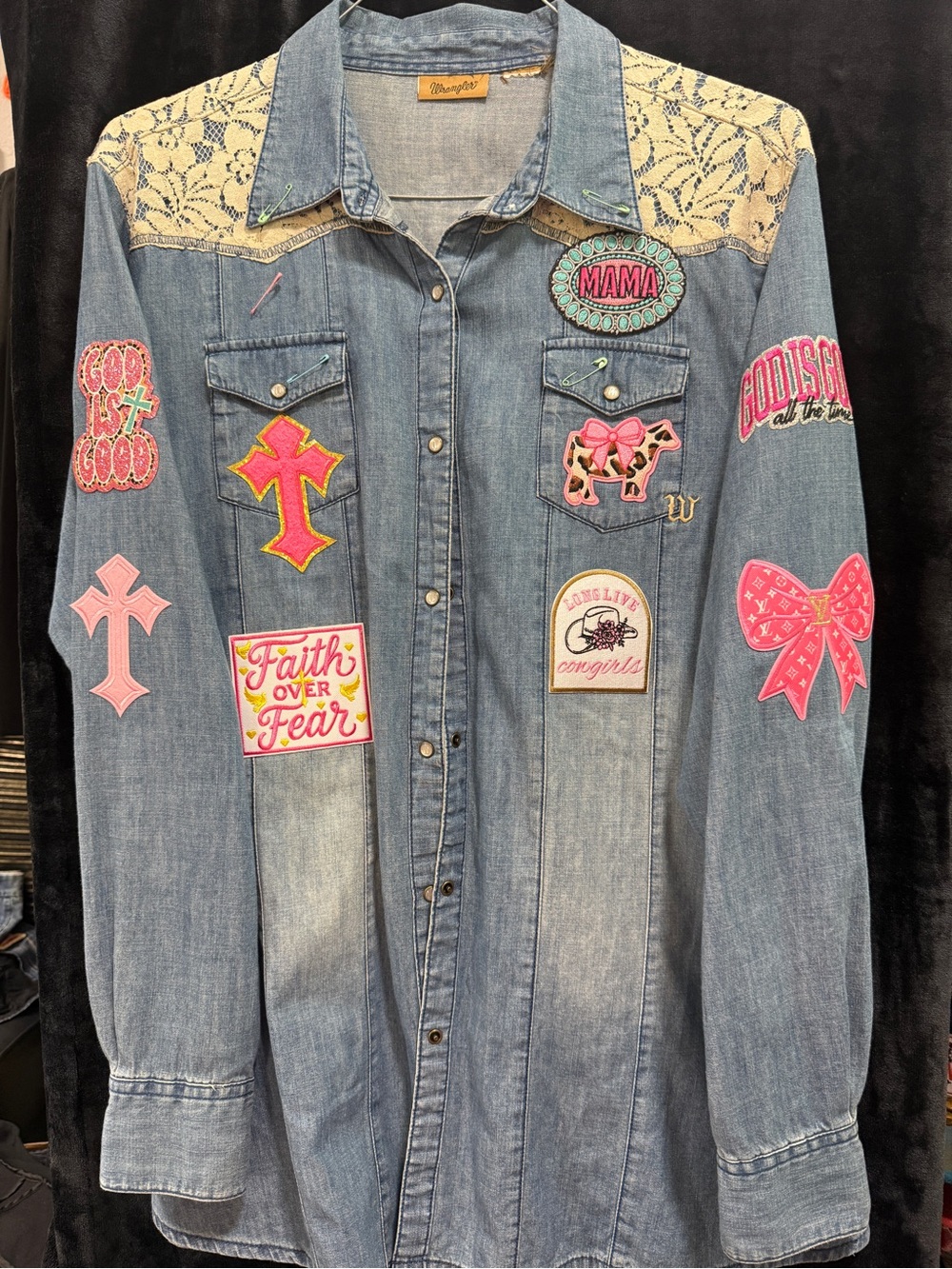Wrangler Denim Button-Down Shirt with Pink Patch Details